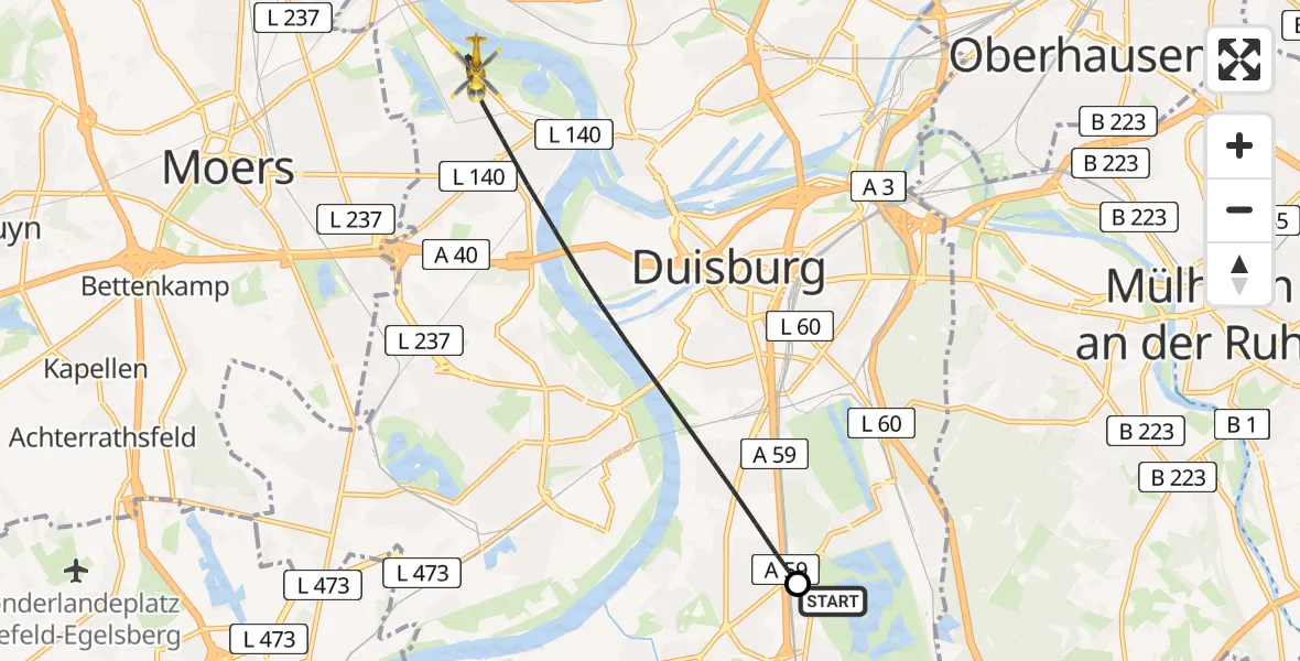 Flugroute Rettungshubschrauber Duisburg Air Rescue Hubschrauberlandeplatz (Christoph 9) - Duisburg, 29 März 2026, 11:42