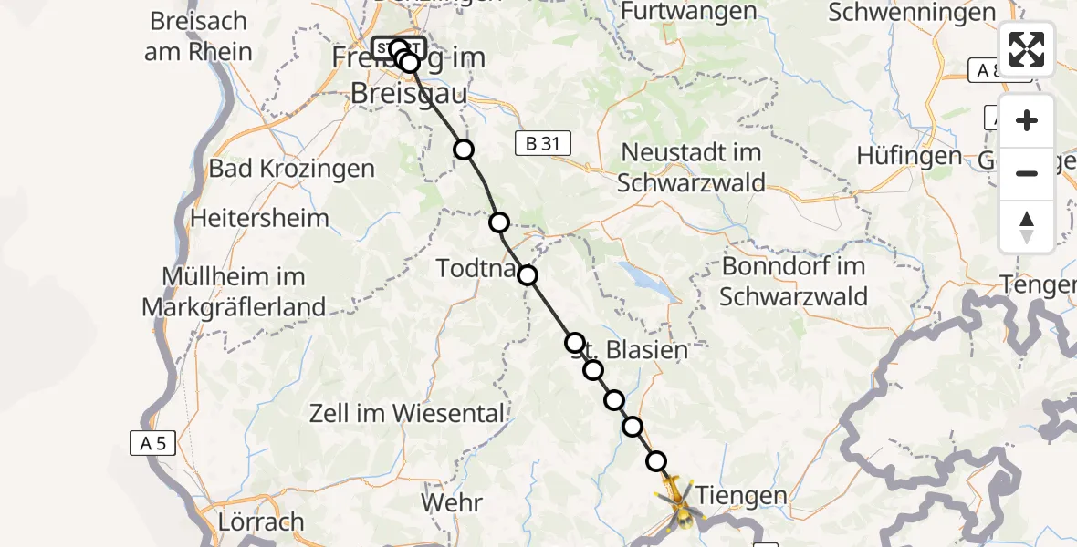 Flugroute Ambulanzhubschrauber Freiburg im Breisgau Flugplatz - Waldshut-Tiengen, 29 März 2026, 11:44