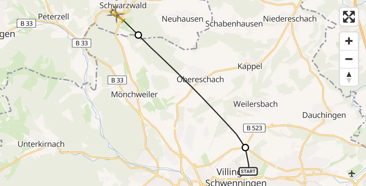 Flugroute Rettungshubschrauber DRF Air Rescue Station Villingen-Schwenningen Hubschrauberlandeplatz (Christoph 11) - Königsfeld im Schwarzwald, 29 März 2026, 11:50