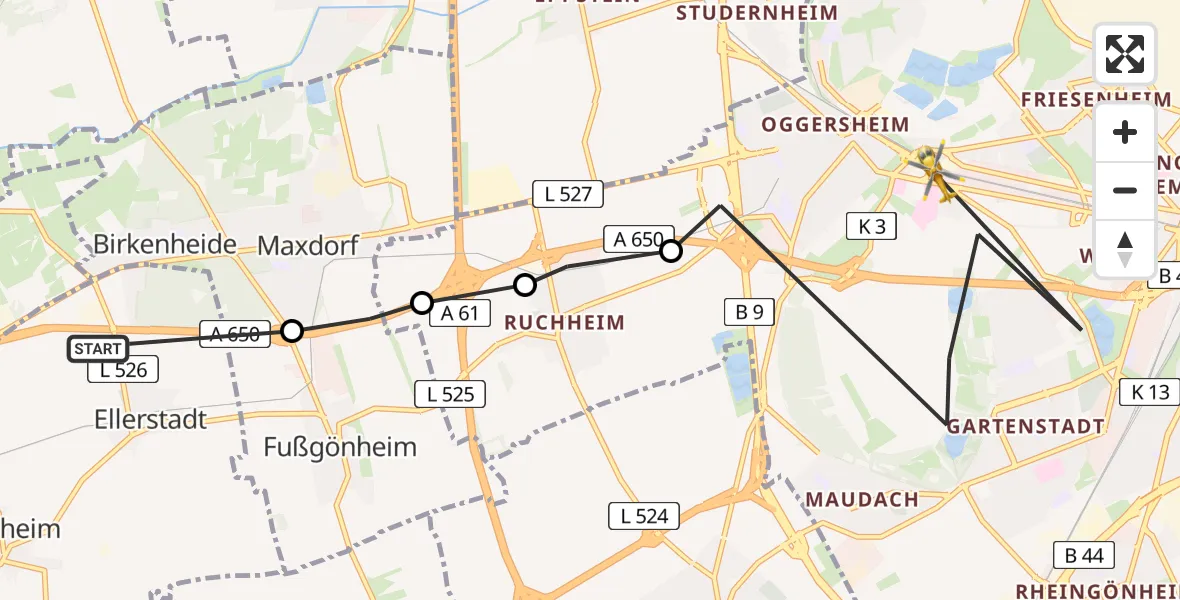 Routekaart van de vlucht: Rettungshubschrauber nach Ludwigshafen Accident Hospital Hubschrauberlandeplatz