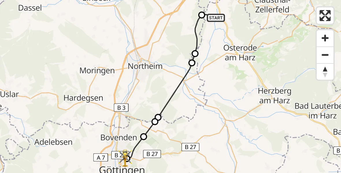Flugroute Rettungshubschrauber Bad Grund (Harz) - Göttingen University Clinic Hubschrauberlandeplatz, 29 März 2026, 11:52