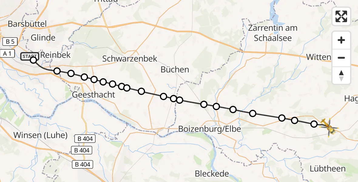 Flugroute Ambulanzhubschrauber Christoph Hansa ADAC Hubschrauberlandeplatz - Pritzier, 29 März 2026, 11:55