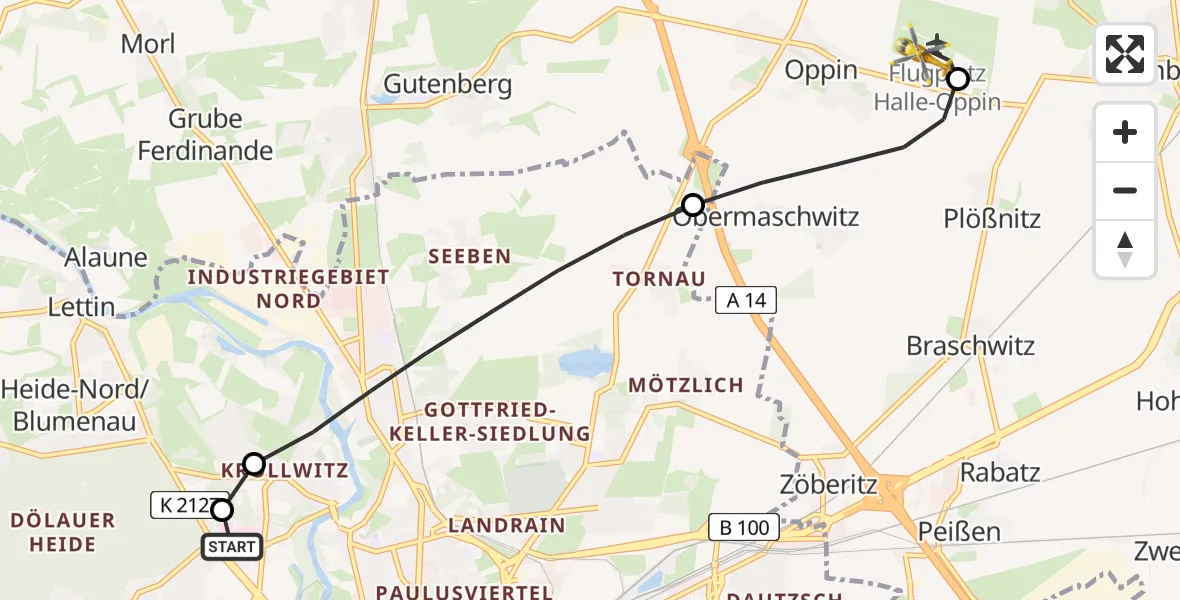 Flugroute Ambulanzhubschrauber Halle (Saale) University Hospital - Halle-Oppin Flugplatz, 29 März 2026, 11:56