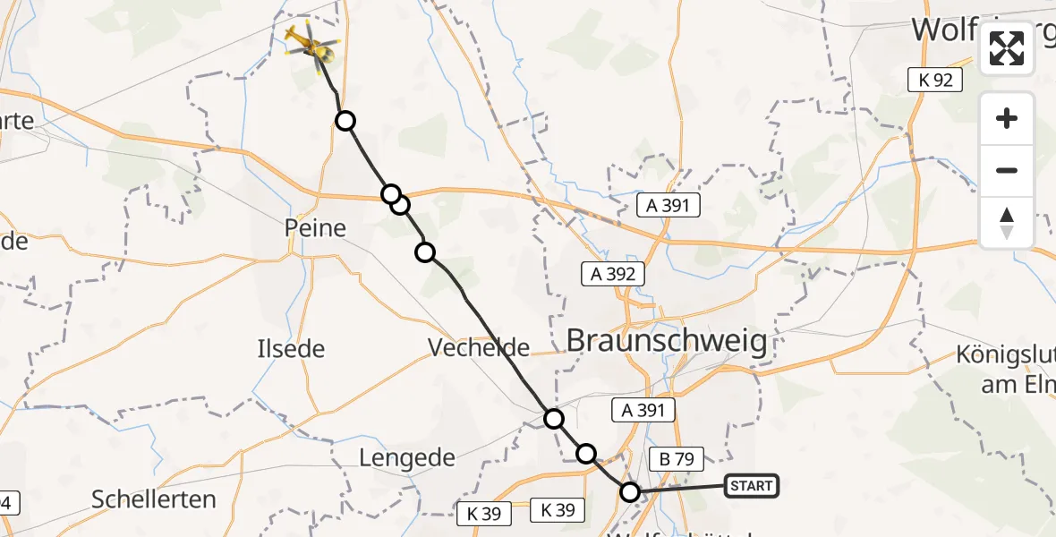 Flugroute Rettungshubschrauber Wolfenbüttel - Edemissen, 29 März 2026, 11:58