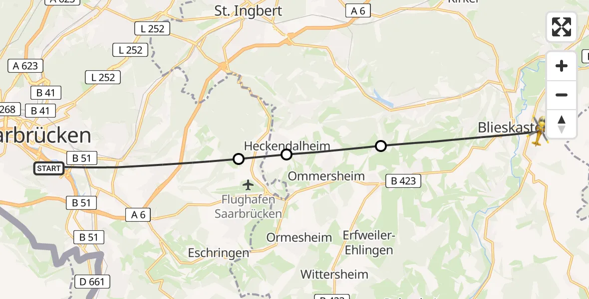 Flugroute Rettungshubschrauber Saarbrücken - Blieskastel, 29 März 2026, 12:04