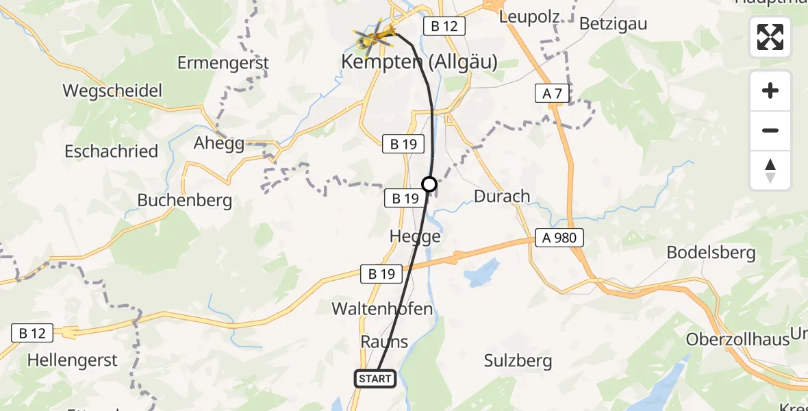 Flugroute Rettungshubschrauber Waltenhofen - Kempten (Allgäu), 29 März 2026, 12:06