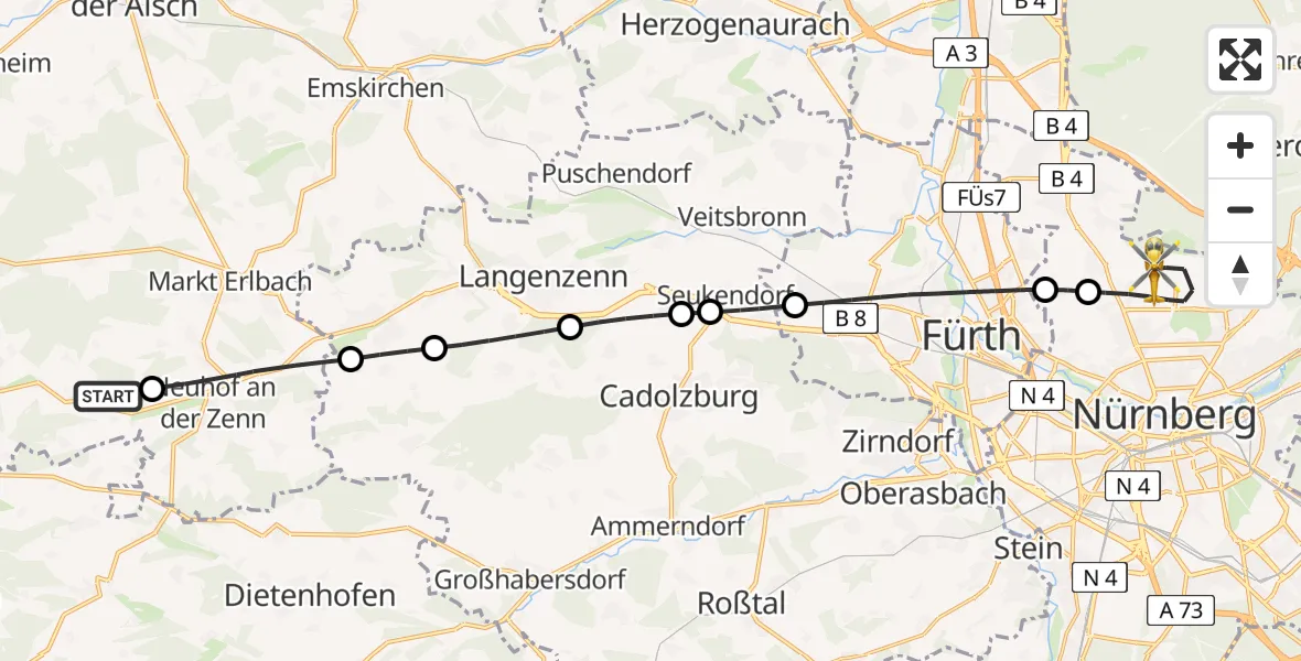 Flugroute Rettungshubschrauber Trautskirchen - Flughafen Nuremberg, 29 März 2026, 12:11