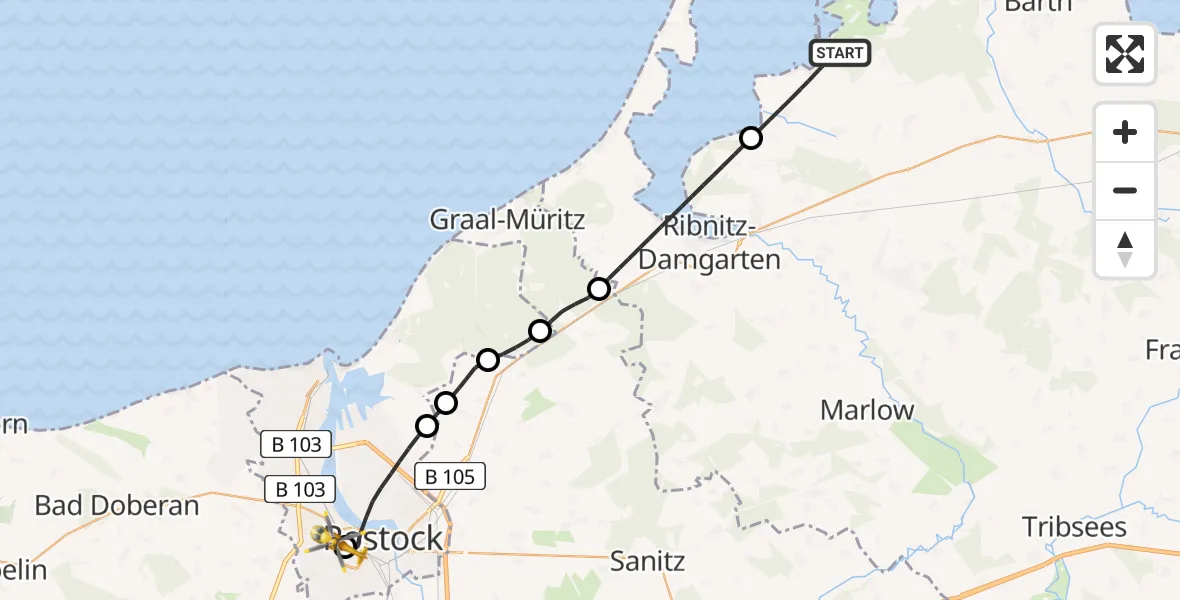 Routekaart van de vlucht: Rettungshubschrauber nach Rostock University Hubschrauberlandeplatz