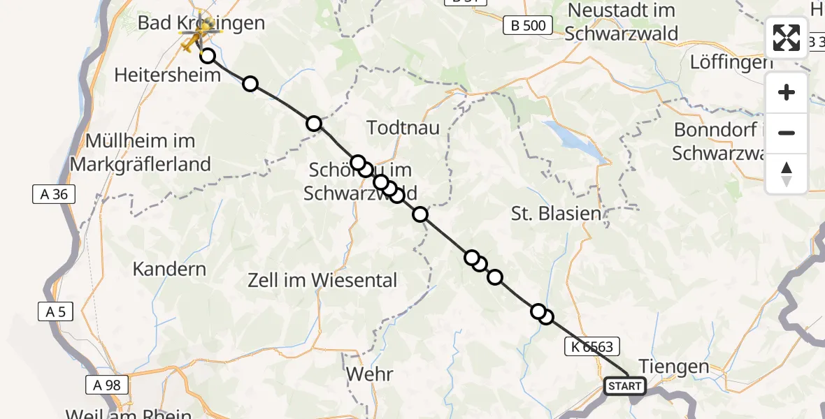 Flugroute Ambulanzhubschrauber Waldshut-Tiengen - Bad Krozingen, 29 März 2026, 12:22