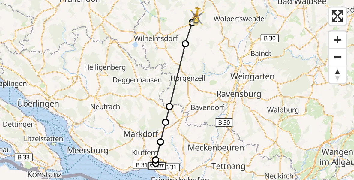 Flugroute Rettungshubschrauber Friedrichshafen Hospital - Ebenweiler, 29 März 2026, 12:24