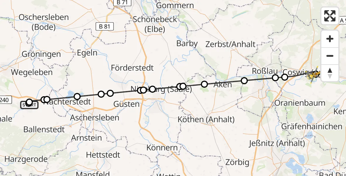 Flugroute Rettungshubschrauber Harz Hospital Quedlinburg - MediClin Heart Center Coswig Hubschrauberlandeplatz, 29 März 2026, 12:26