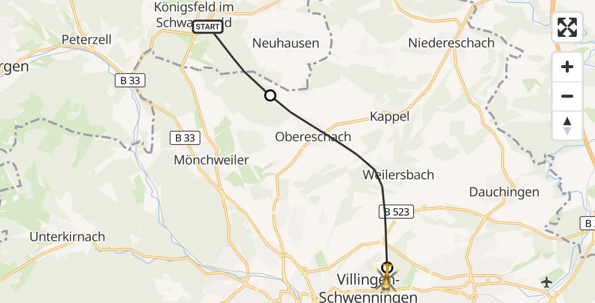 Flugroute Rettungshubschrauber Königsfeld im Schwarzwald - DRF Air Rescue Station Villingen-Schwenningen Hubschrauberlandeplatz (Christoph 11), 29 März 2026, 12:26