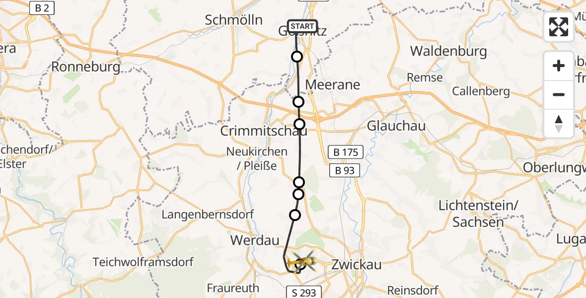 Routekaart van de vlucht: Rettungshubschrauber nach ADAC Air Rescue Station Zwickau Hubschrauberlandeplatz