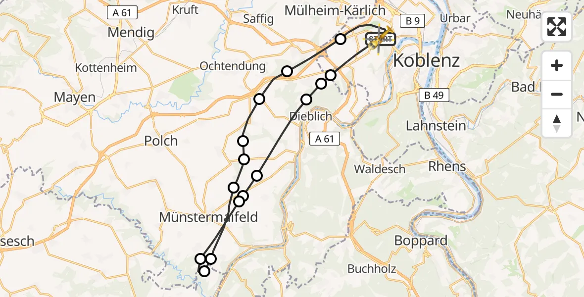 Flugroute Rettungshubschrauber Koblenz - Koblenz, 29 März 2026, 12:47