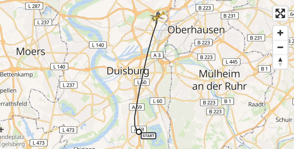 Flugroute Rettungshubschrauber Duisburg Air Rescue Hubschrauberlandeplatz (Christoph 9) - Duisburg, 29 März 2026, 12:50