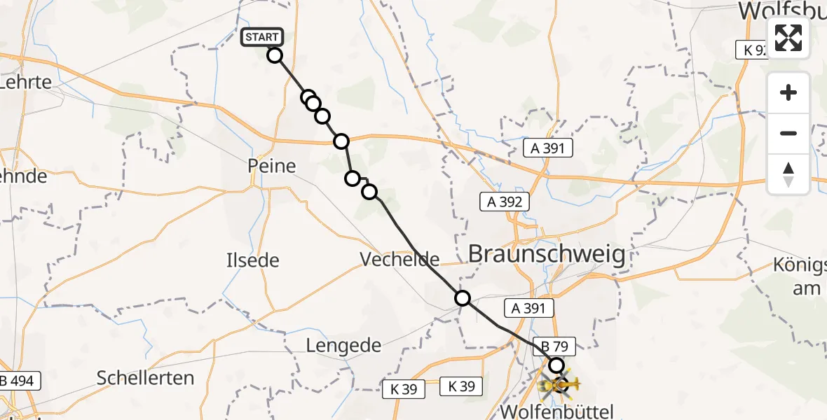 Routekaart van de vlucht: Rettungshubschrauber nach Wolfenbüttel Municipal Hospital Heliport (Christoph 30)