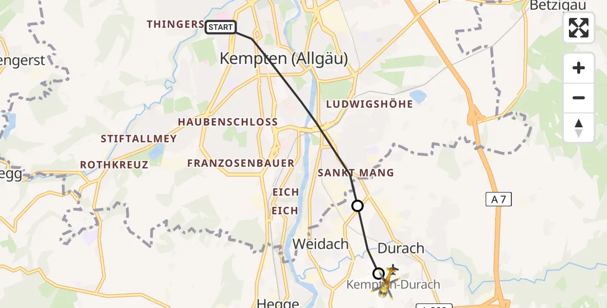 Flugroute Rettungshubschrauber Kempten (Allgäu) - Kempten-Durach Flugplatz, 29 März 2026, 12:58