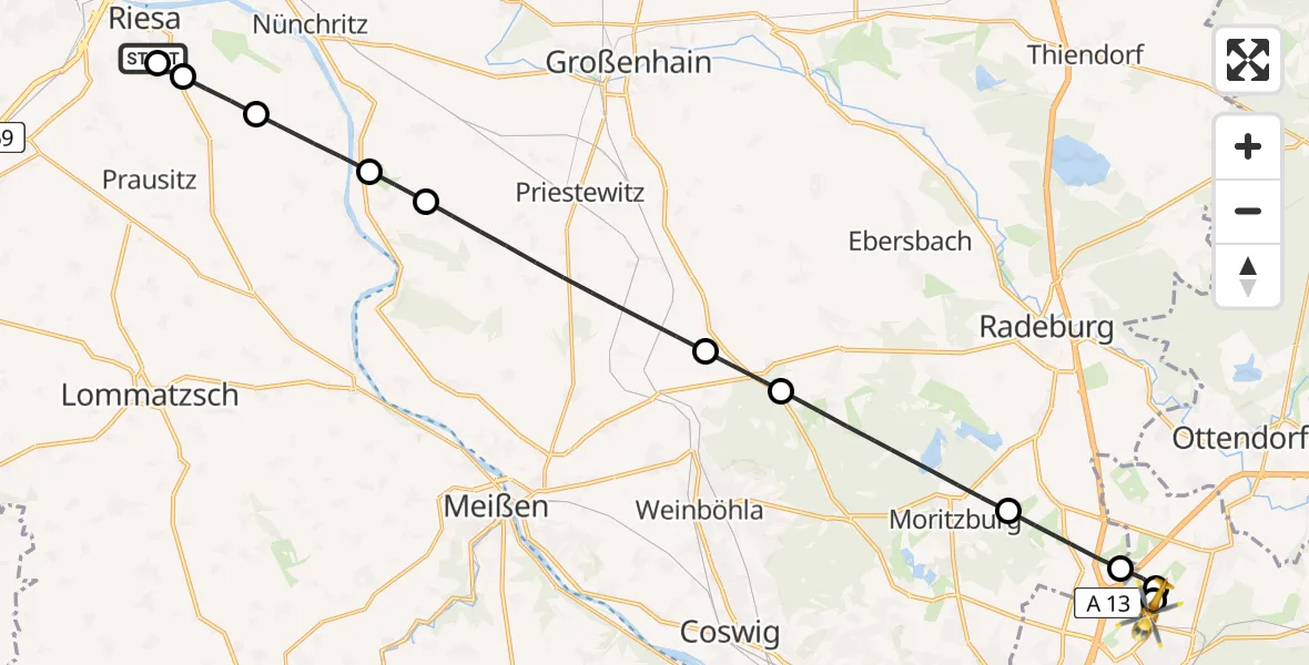 Flugroute Rettungshubschrauber Riesa Hospital - Dresden Bundespolizei Hubschrauberlandeplatz, 29 März 2026, 13:02