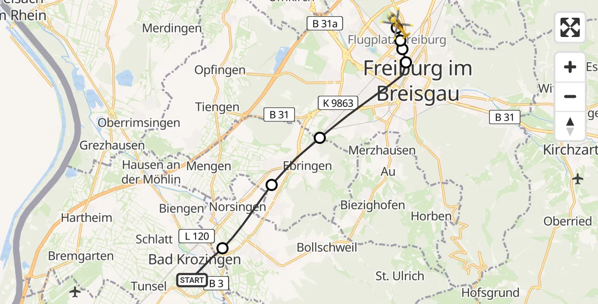 Routekaart van de vlucht: Ambulanzhubschrauber nach Freiburg im Breisgau Flugplatz