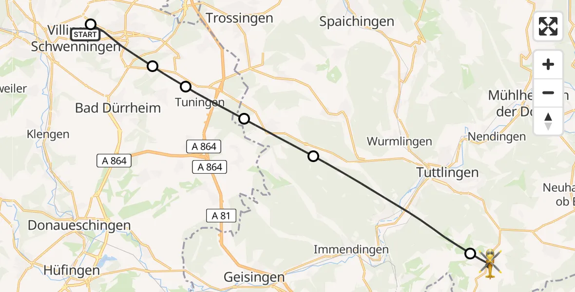 Flugroute Rettungshubschrauber DRF Air Rescue Station Villingen-Schwenningen Hubschrauberlandeplatz (Christoph 11) - Emmingen-Liptingen, 29 März 2026, 13:10