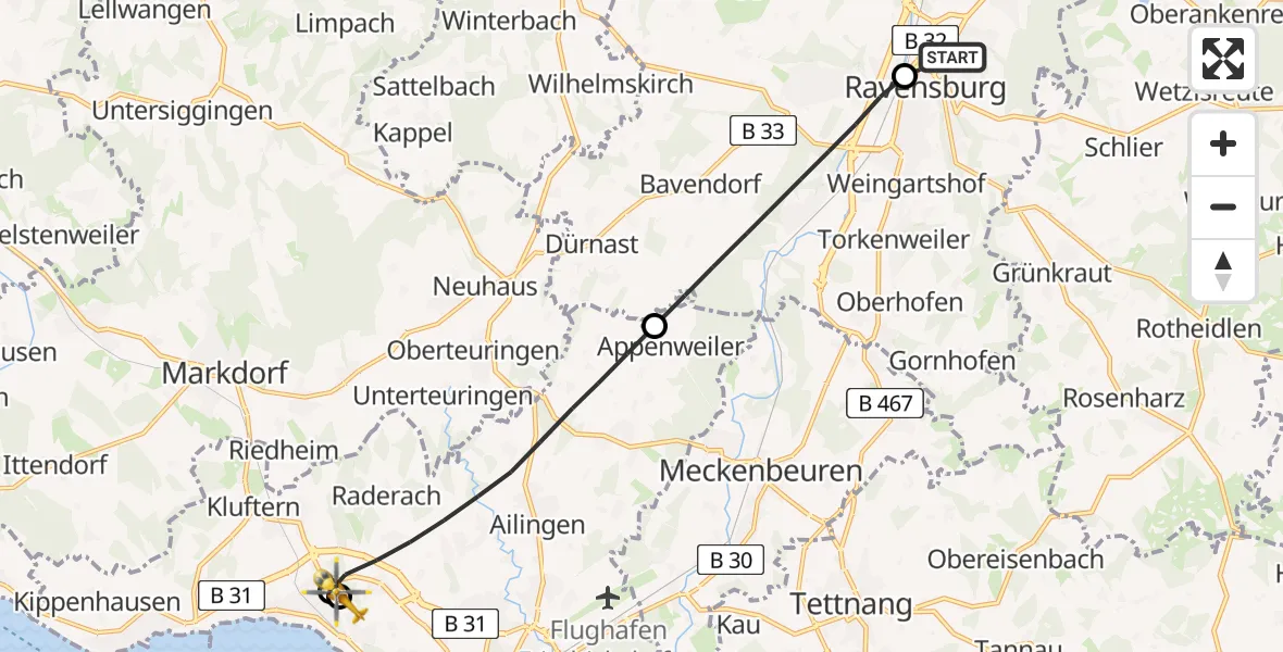 Flugroute Rettungshubschrauber Sankt Elisabeth Hospital - Friedrichshafen Hospital, 29 März 2026, 13:22
