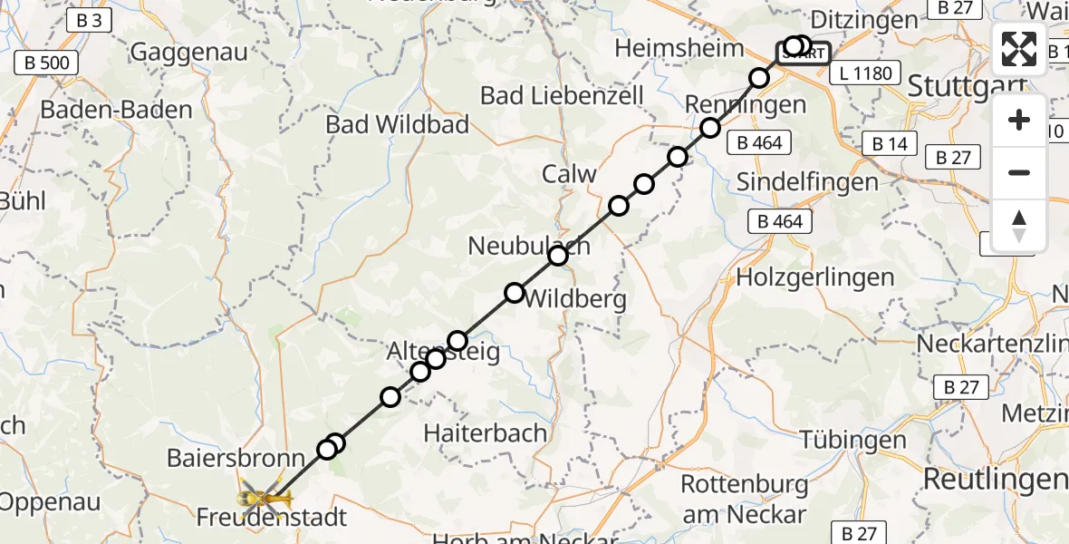 Flugroute Rettungshubschrauber Leonberg Hospital - Freudenstadt, 29 März 2026, 13:24