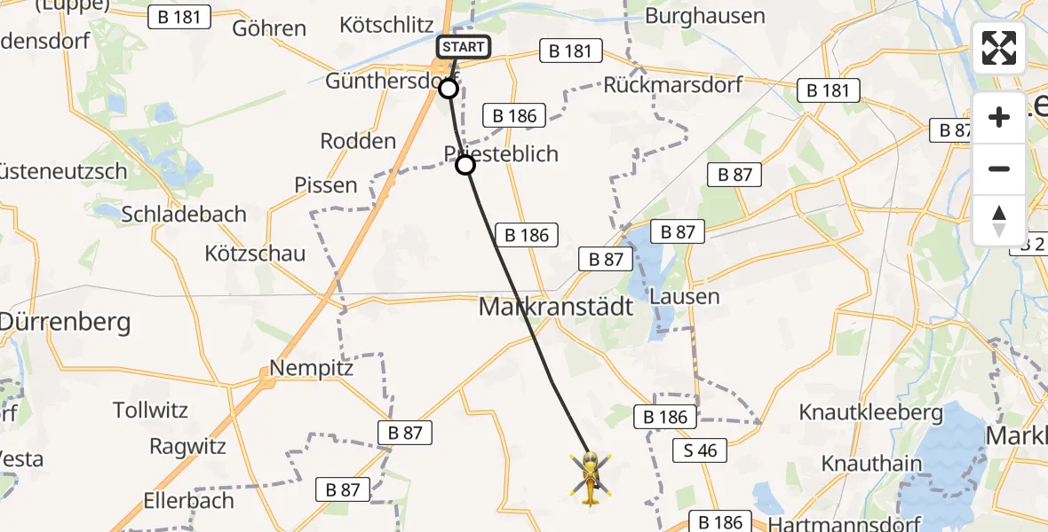 Flugroute Rettungshubschrauber ADAC Air Rescue Station Leipzig/Schkeuditz-Dölzig Hubschrauberlandeplatz (Christoph 61) - Markranstädt, 29 März 2026, 13:30
