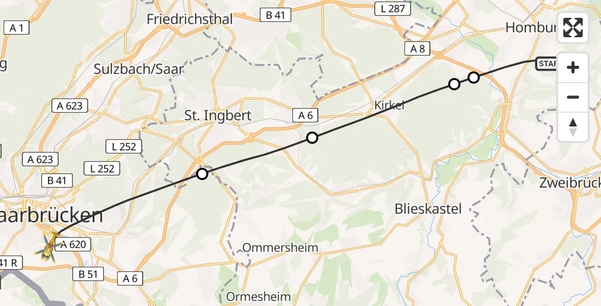 Routekaart van de vlucht: Rettungshubschrauber nach Saarbrücken, Winterberg