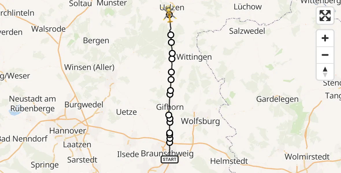 Flugroute Rettungshubschrauber Braunschweig - Uelzen, 29 März 2026, 13:36