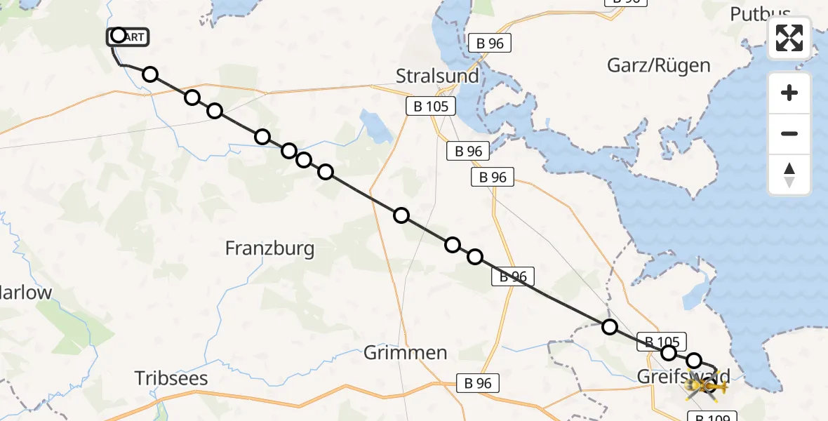 Routekaart van de vlucht: Rettungshubschrauber nach Greifswald Hospital