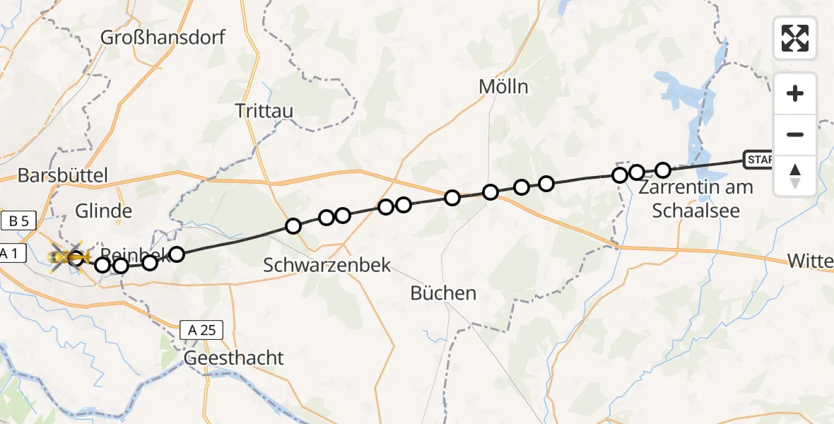 Routekaart van de vlucht: Ambulanzhubschrauber nach Christoph Hansa ADAC Hubschrauberlandeplatz