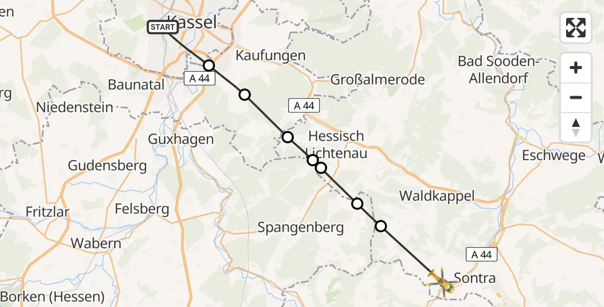 Flugroute Rettungshubschrauber Kassel - Sontra, 29 März 2026, 13:59