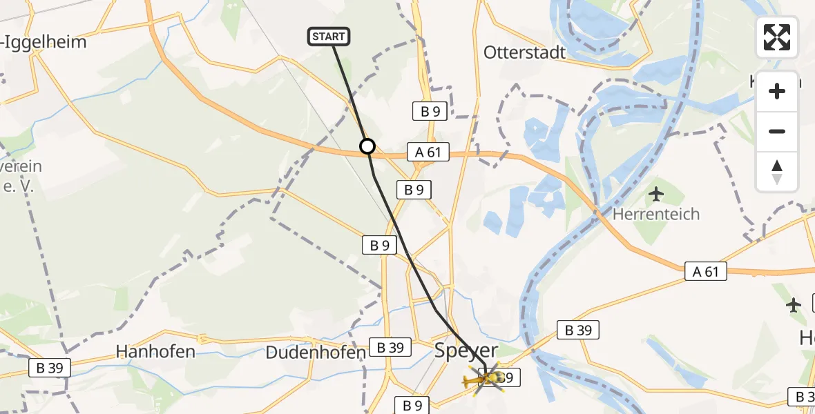 Routekaart van de vlucht: Rettungshubschrauber nach Speyer, Fuchsweiherstraße