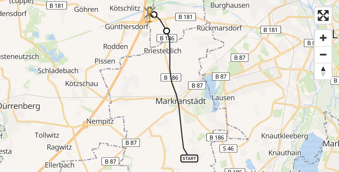 Flugroute Rettungshubschrauber Markranstädt - ADAC Air Rescue Station Leipzig/Schkeuditz-Dölzig Hubschrauberlandeplatz (Christoph 61), 29 März 2026, 14:02
