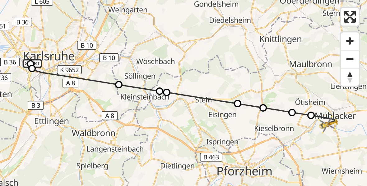 Flugroute Rettungshubschrauber Sankt Vincentius Hospital - Mühlacker, 29 März 2026, 14:11
