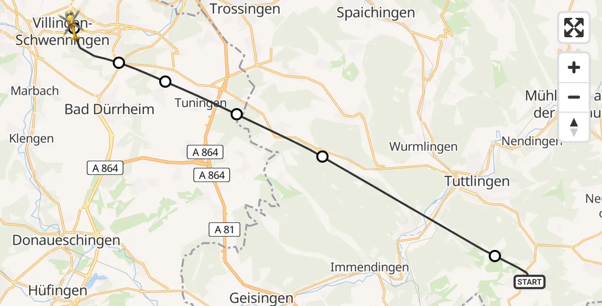 Routekaart van de vlucht: Rettungshubschrauber nach DRF Air Rescue Station Villingen-Schwenningen Hubschrauberlandeplatz (Christoph 11)