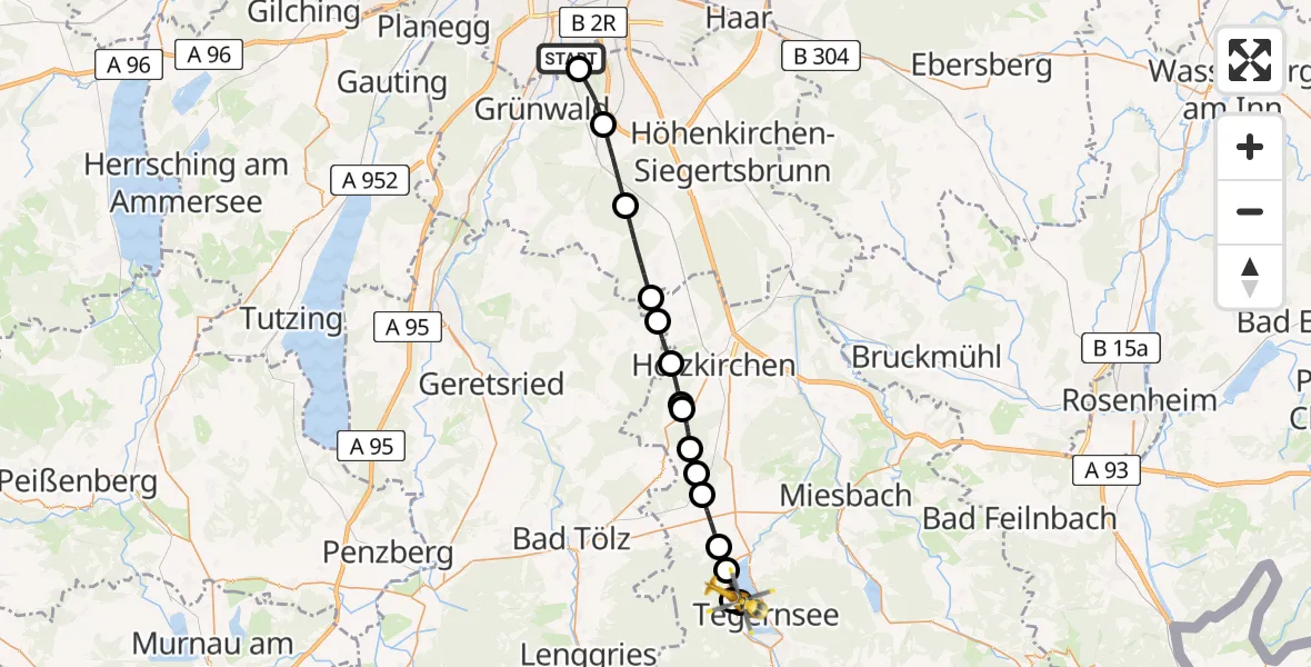 Flugroute Rettungshubschrauber ADAC Air Rescue Center Hubschrauberlandeplatz (Christoph 1) - Bad Wiessee, 29 März 2026, 14:28
