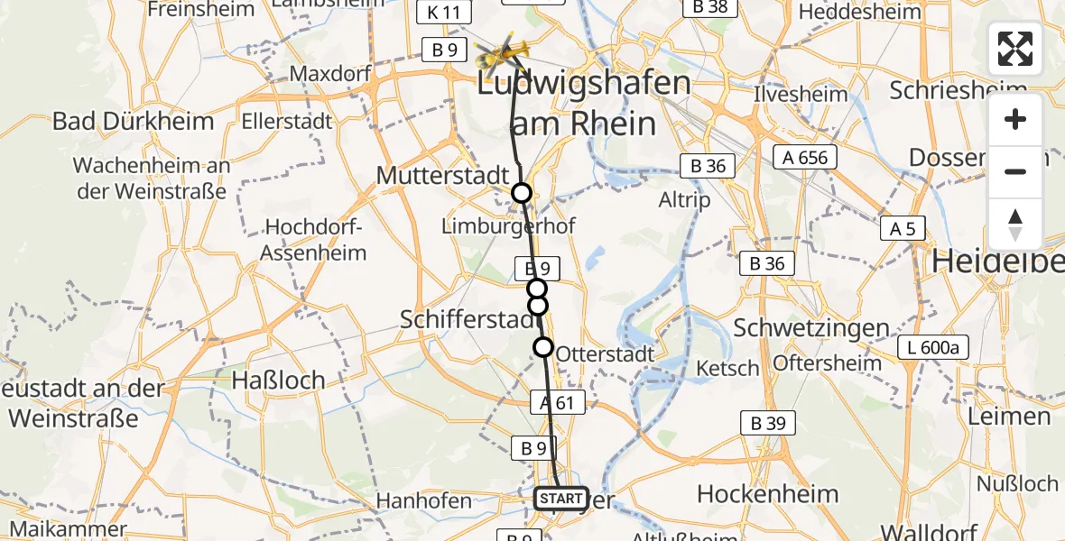 Flugroute Rettungshubschrauber Speyer - Ludwigshafen Accident Hospital, 29 März 2026, 14:31