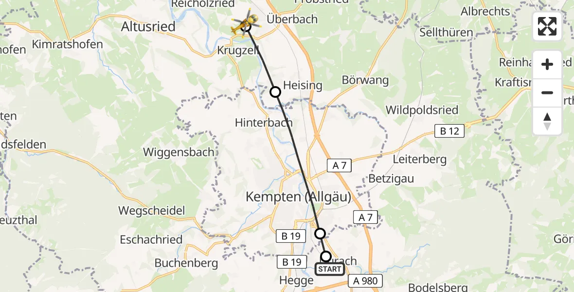 Routekaart van de vlucht: Rettungshubschrauber nach Dietmannsried, Allgäustraße