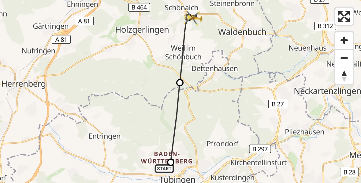 Flugroute Rettungshubschrauber Tübingen University Hospital - Schönaich, 29 März 2026, 14:41