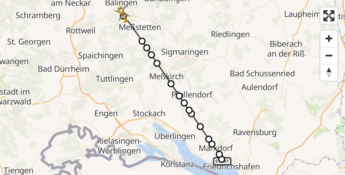 Flugroute Rettungshubschrauber Friedrichshafen Hospital - Balingen, 29 März 2026, 14:45