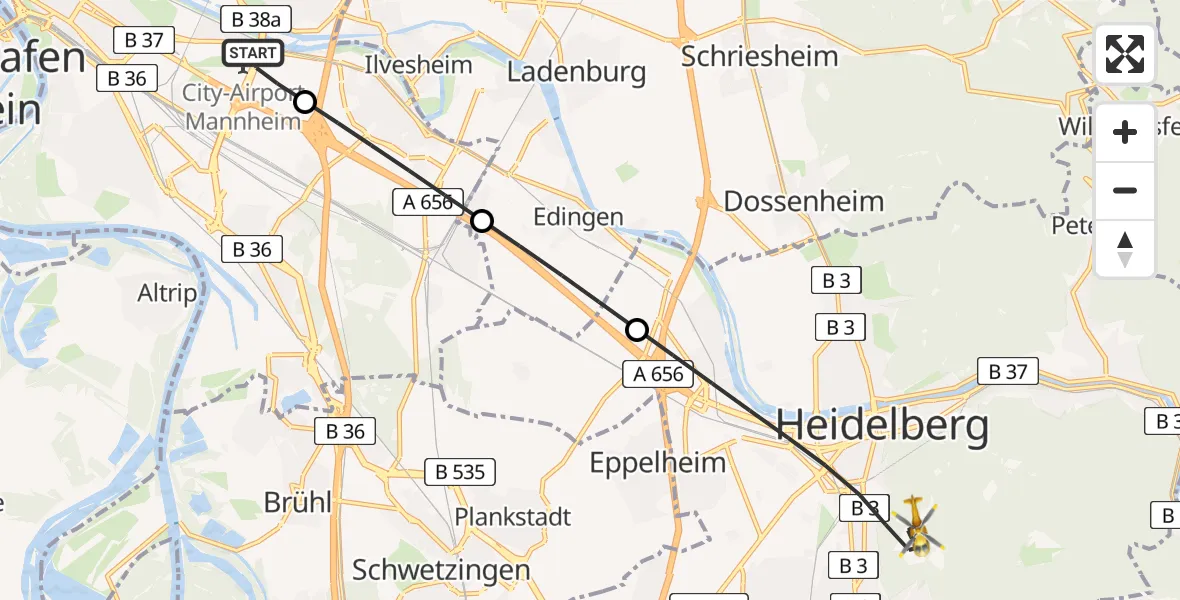 Routekaart van de vlucht: Rettungshubschrauber nach Heidelberg, Saupfercheckweg