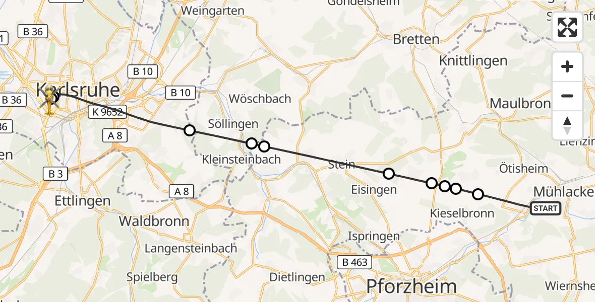 Flugroute Rettungshubschrauber Mühlacker - Sankt Vincentius Hospital, 29 März 2026, 15:07
