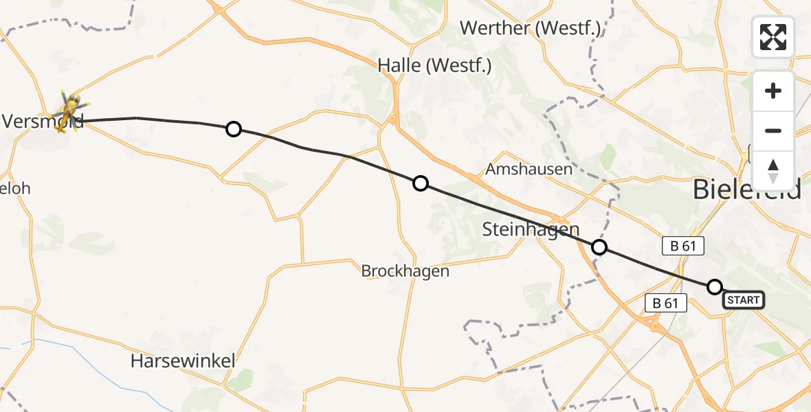 Flugroute Rettungshubschrauber Luftrettungszentrum Bielefeld - Versmold, 29 März 2026, 15:10
