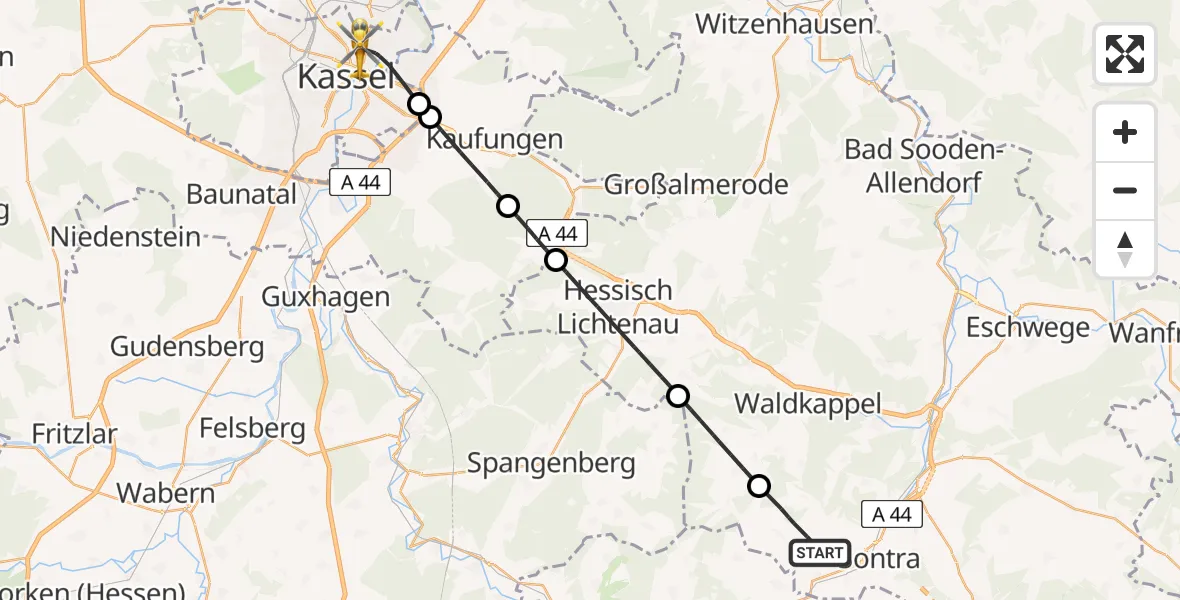 Flugroute Rettungshubschrauber Sontra - Kassel, 29 März 2026, 15:11