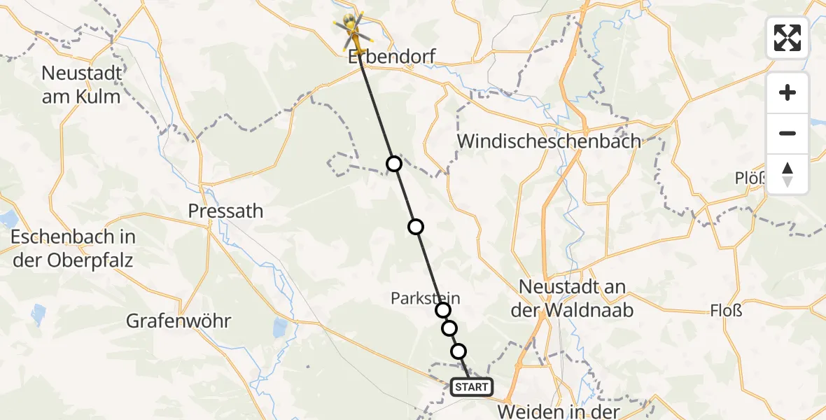 Flugroute Rettungshubschrauber Weiden i.d.OPf. - Erbendorf, 29 März 2026, 15:16