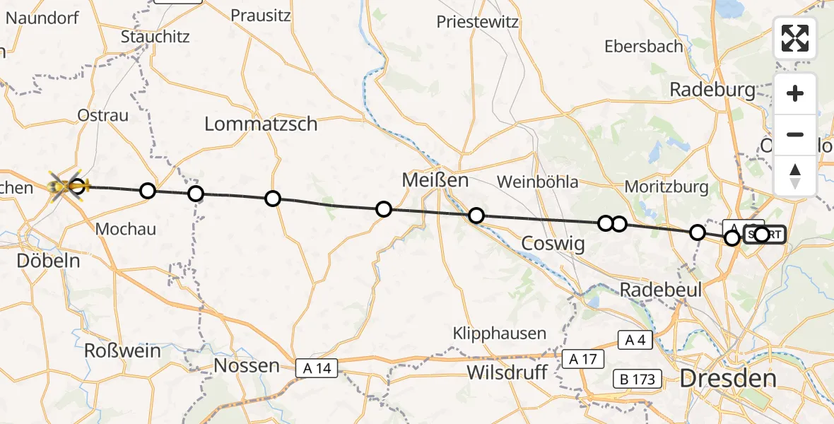 Flugroute Rettungshubschrauber Dresden Bundespolizei Hubschrauberlandeplatz - Großweitzschen, 29 März 2026, 15:21