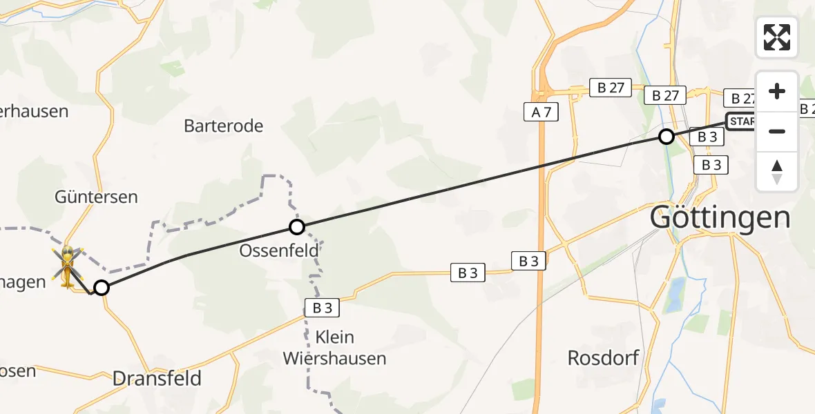 Flugroute Rettungshubschrauber Göttingen University Clinic Hubschrauberlandeplatz - Niemetal, 29 März 2026, 15:21