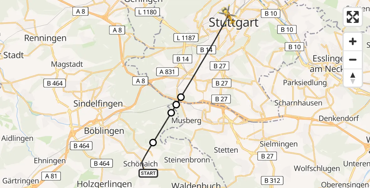 Flugroute Rettungshubschrauber Schönaich - Stuttgart, 29 März 2026, 15:23