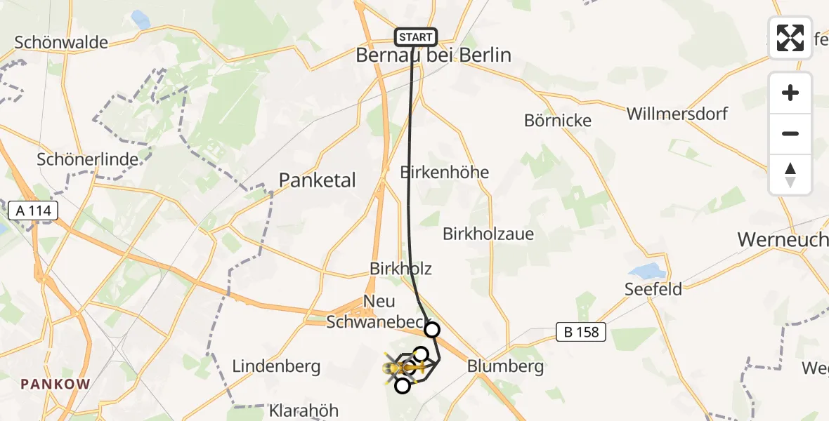 Flugroute Ambulanzhubschrauber Bernau bei Berlin - Ahrensfelde Hubschrauberlandeplatz, 29 März 2026, 15:29